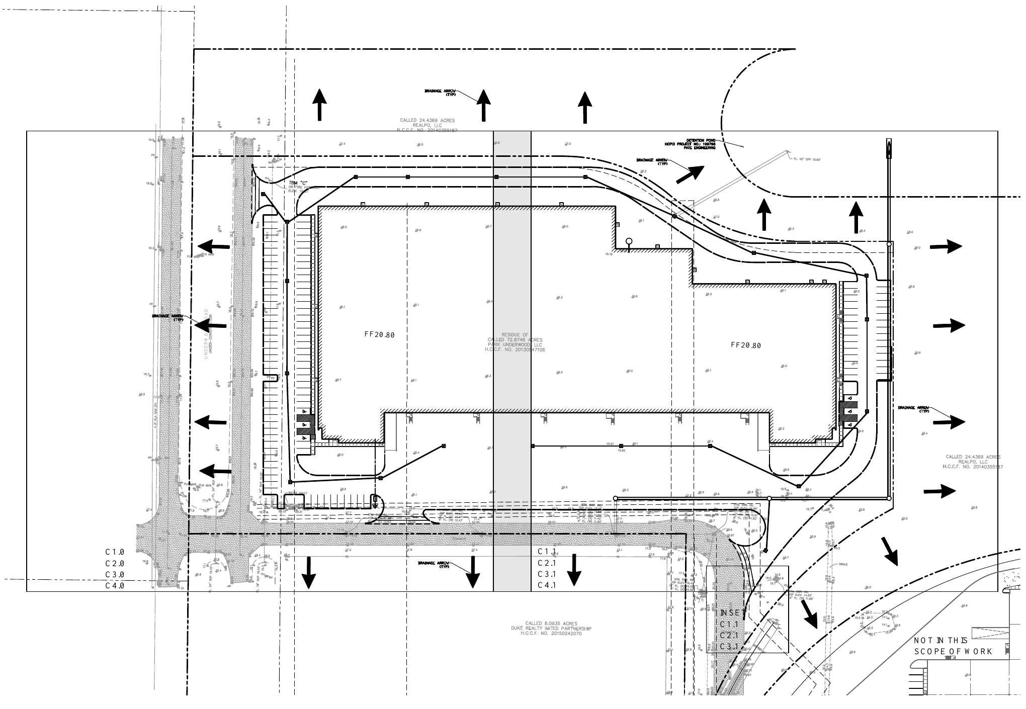 BNIP Building overall civil site plan showing the building footprint, parking, vehicle circulation, and drainage directions, with the right-side information column removed