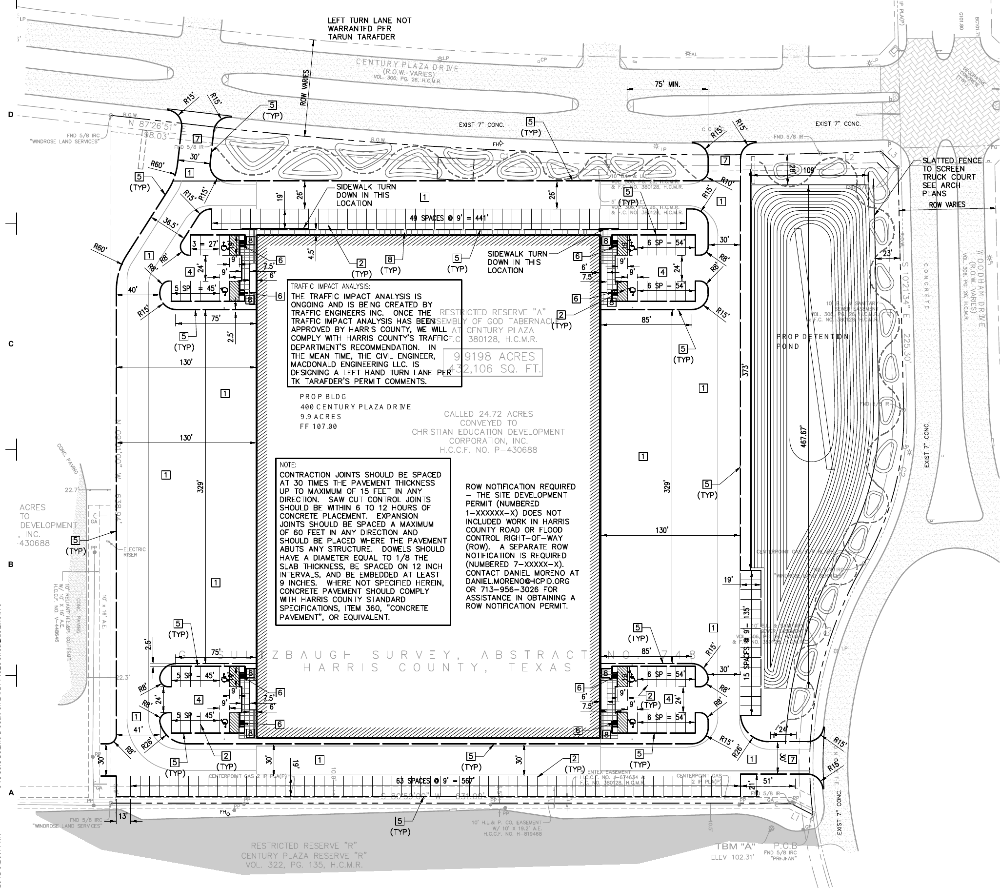 Century Plaza civil layout drawing showing the building footprint, parking, site access, and detention pond, with the right-side information column removed