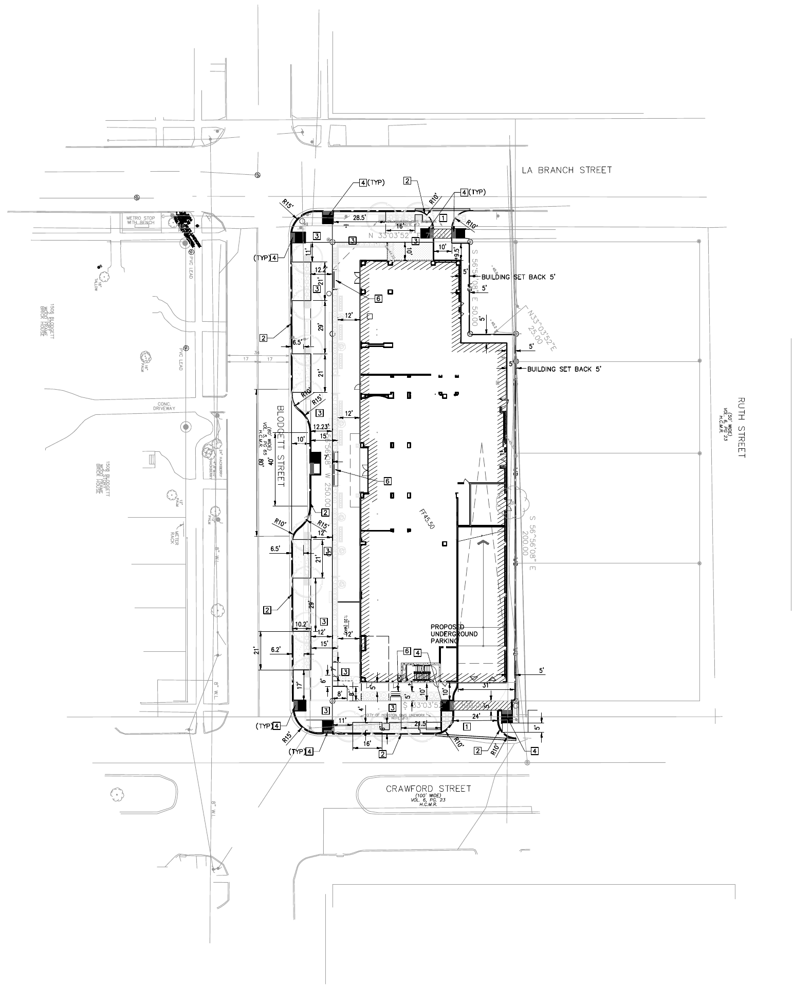 The Chelsea at Museum District civil layout drawing showing the building footprint, street access, and sidewalk connections, with the right-side information column removed