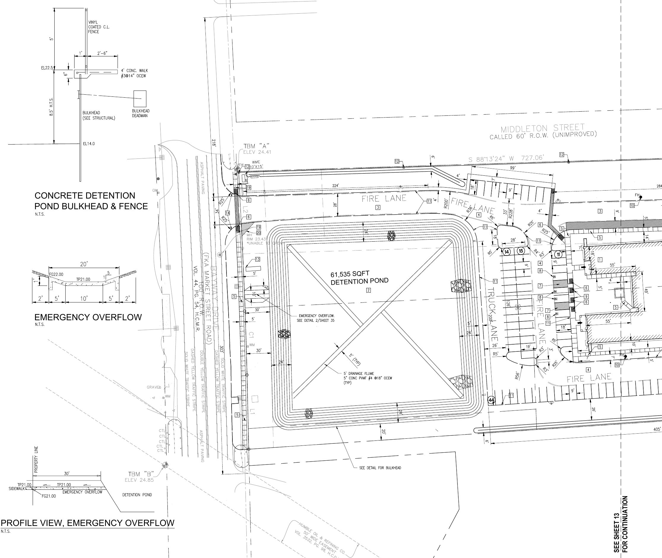 El Matador layout sheet 12 showing the detention pond, site entrance, parking, and overflow details, with the right-side information column removed