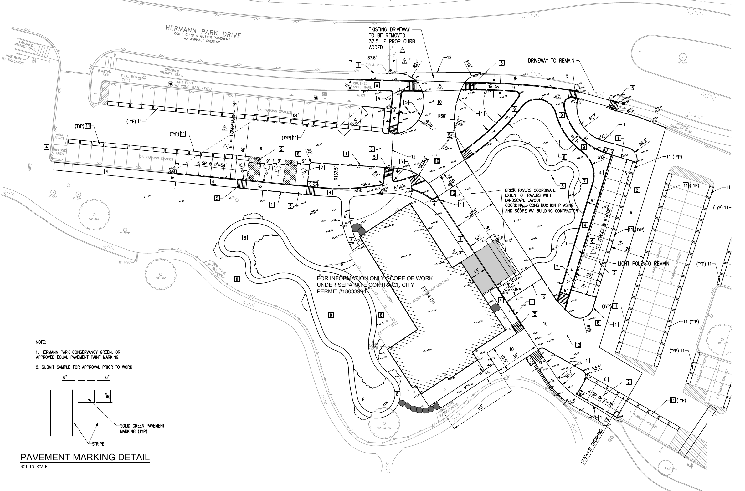 Hermann Park Clubhouse civil layout showing parking, vehicle circulation, pedestrian paths, and clubhouse-area improvements, with the right-side title block and seal removed
