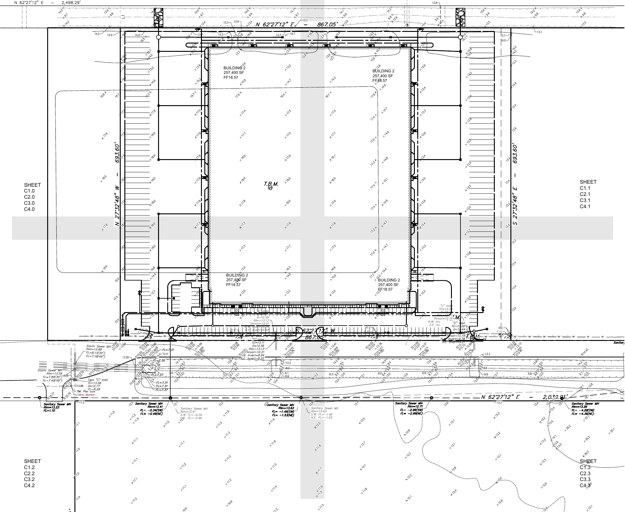 Red Bluff Warehouse overall civil site plan showing the warehouse footprint, parking, site circulation, and utility context, with the right-side information column removed