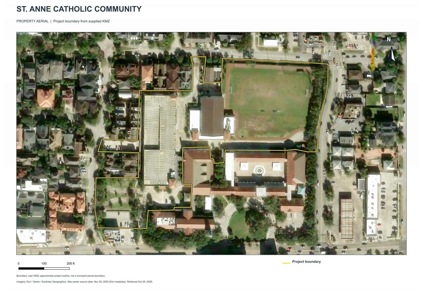 Aerial of St. Anne Catholic Community with approximate project boundary